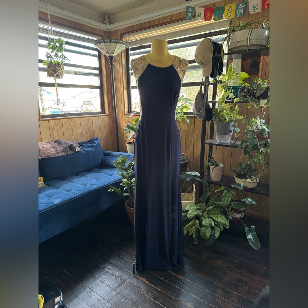 xscape Navy‎ Rhinestone Open Back Gown Formal Prom Dress Size 8